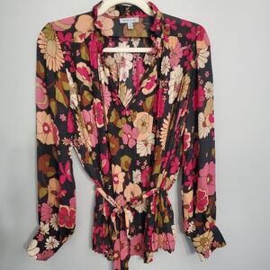 Floral & Ivy Women's Black & Multicolor Pleated Blouse Belted M Business Career